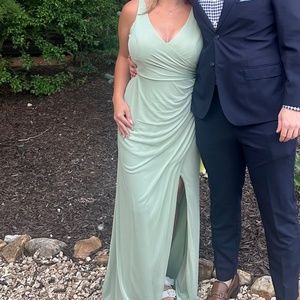 Azazie Sage Green V-Neck Ruched Bridesmaid Dress
